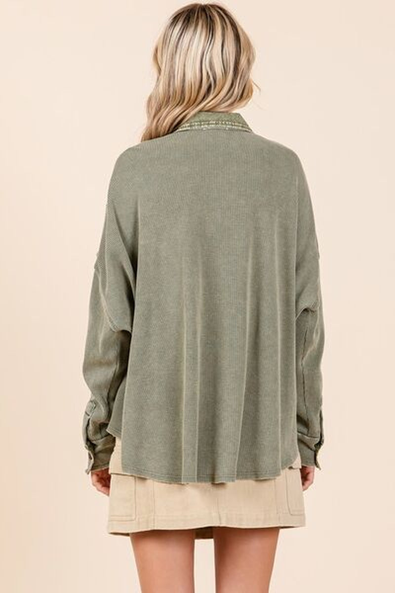 Mittoshop Mineral Wash Waffle Knit Collared Neck Henley Top